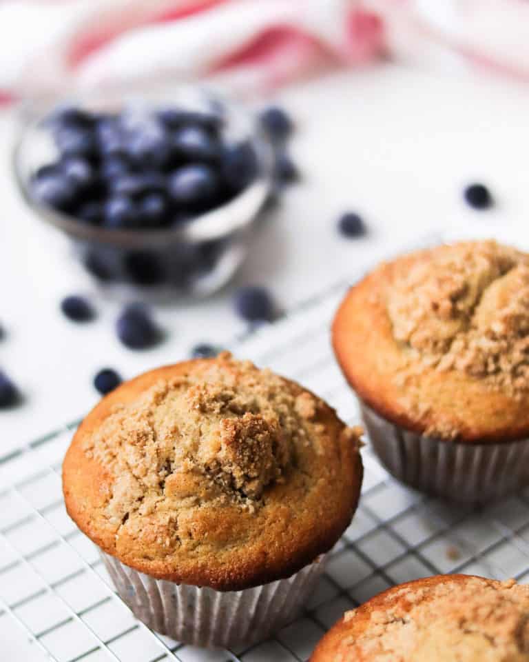 overhead shot of jumbo whole wheat blueberry muffins