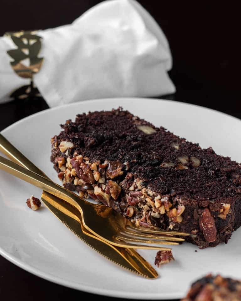 double chocolate pecan banana bread plated