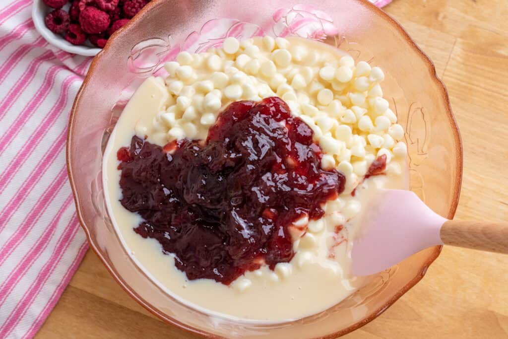 white chocolate raspberry fudge ingredients in bowl