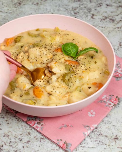 bowl of homestyle chicken and dumplings