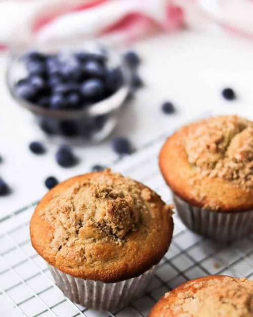 overhead shot of jumbo whole wheat blueberry muffins