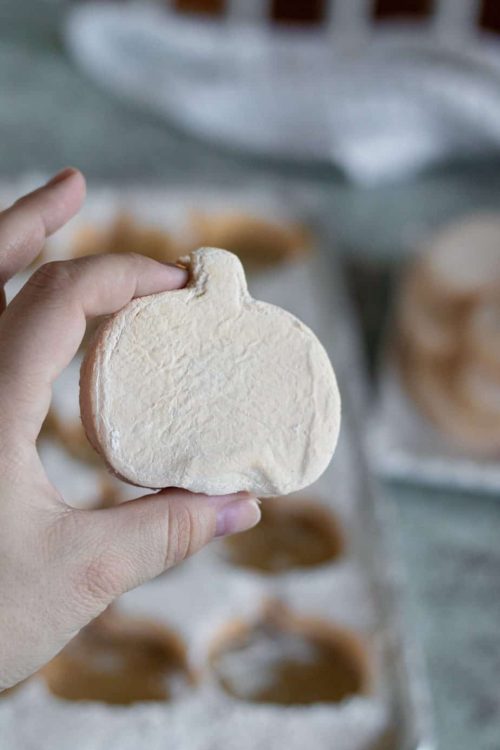 single pumpkin pie marshmallow in Autumn's hand
