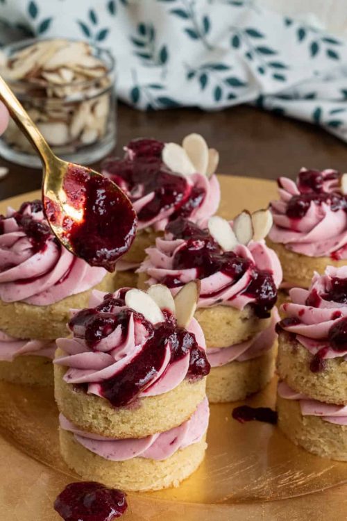 gluten free cherry almond little layer cake drizzled with cherry puree
